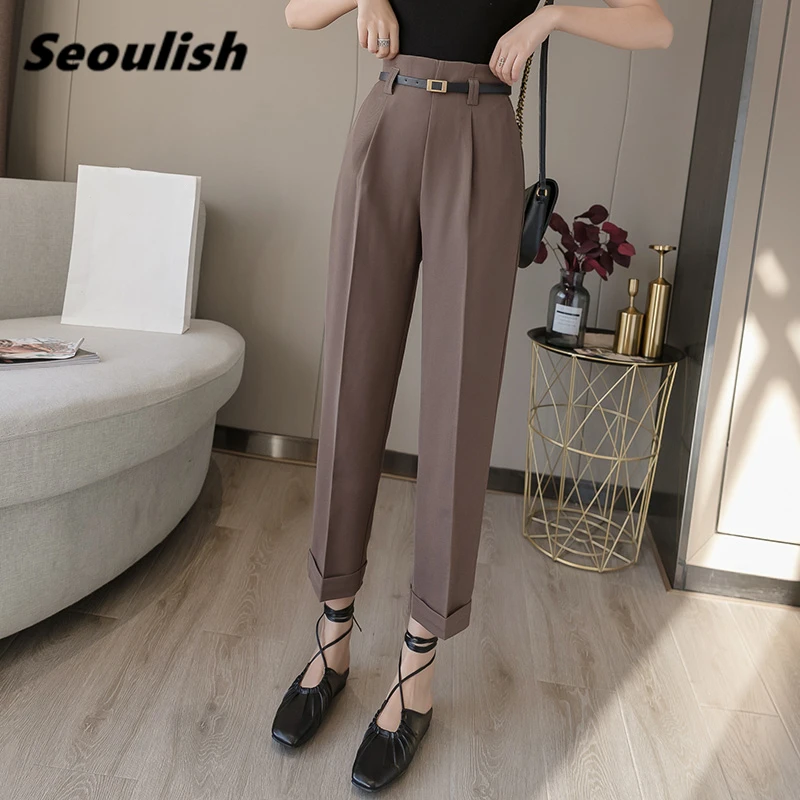 

Seoulish 2021 New Spring Summer Formal Women's Harem Pants with Belted High Waist Female Workwear Elegant Ankle Length Trouses