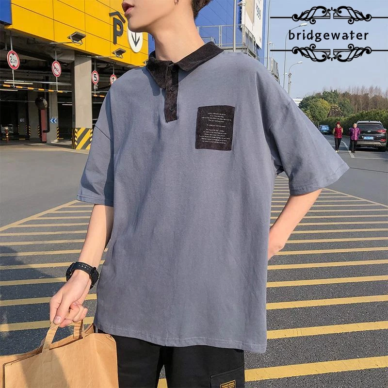 

Bridgewater Men T-Shirts Summer Hong Kong Style Lapel Loose Korean Version Trend Harajuku Lapel Short-Sleeved Polo Shirt