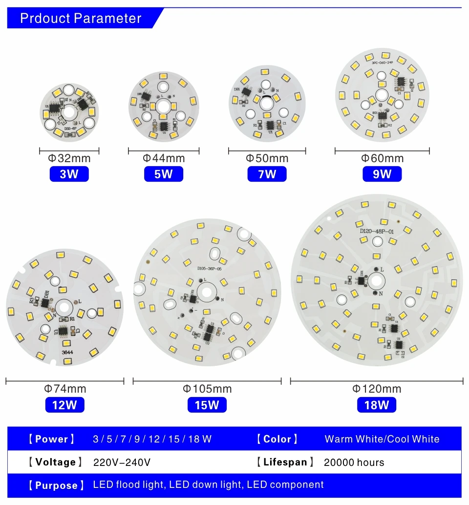 Description Picture 3 of itemLED Chip 3W 5W 7W 9W 12W 15W 18W SMD 2835 Light Beads AC 220V-240V DIY For Led Downlight Cold/Warm white Lighting Spotlight