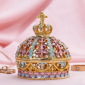 H&D 2.5'' Hinged Crown Trinket Box Hand-painted Patterns Trinket Jewelry Box Decorated Bejeweled Box Collectible Christmas Gift