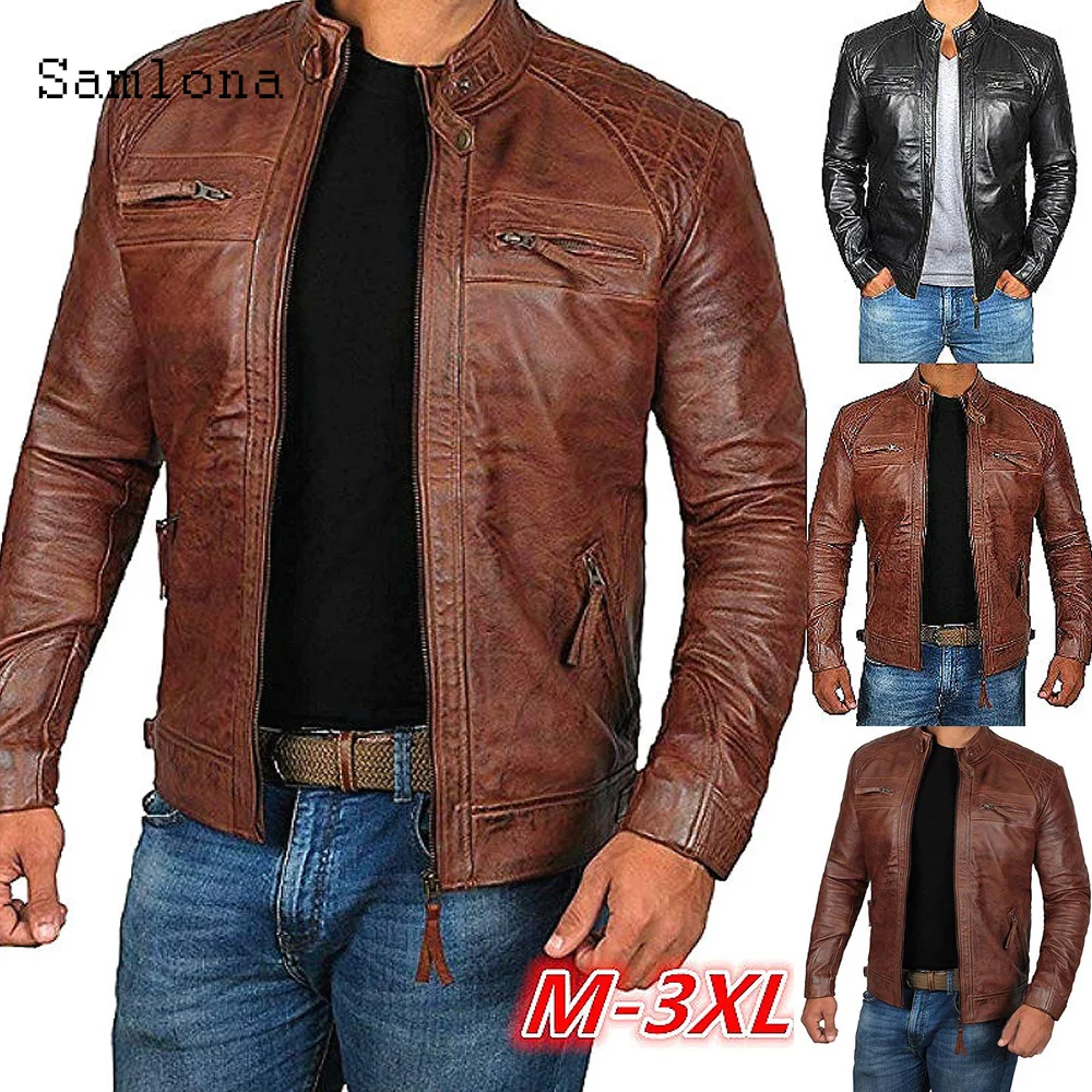 Samlona 2020 Male Faux Pu Leather Jacket Mandarin Collar Slim Fit Men Coats Brown Washed Tunic Jackets Spring Autumn Outerwear
Samlona 2020 Male Faux Pu Leather Jacket Mandarin Collar Slim Fit Men Coats Brown Washed Tunic Jackets Spring Autumn Outerwear