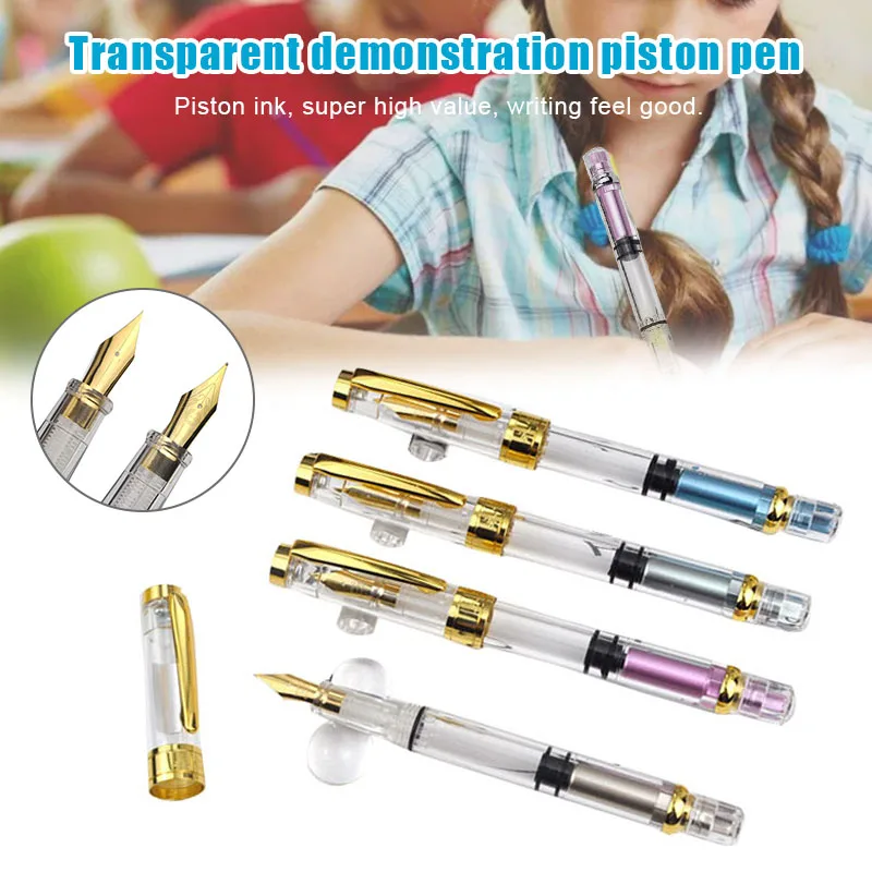 Transparent Piston Fountain Pen Clear Demonstrator Ink Golden Iridium Fine Nib S7JN
Transparent Piston Fountain Pen Clear Demonstrator Ink Golden Iridium Fine Nib S7JN