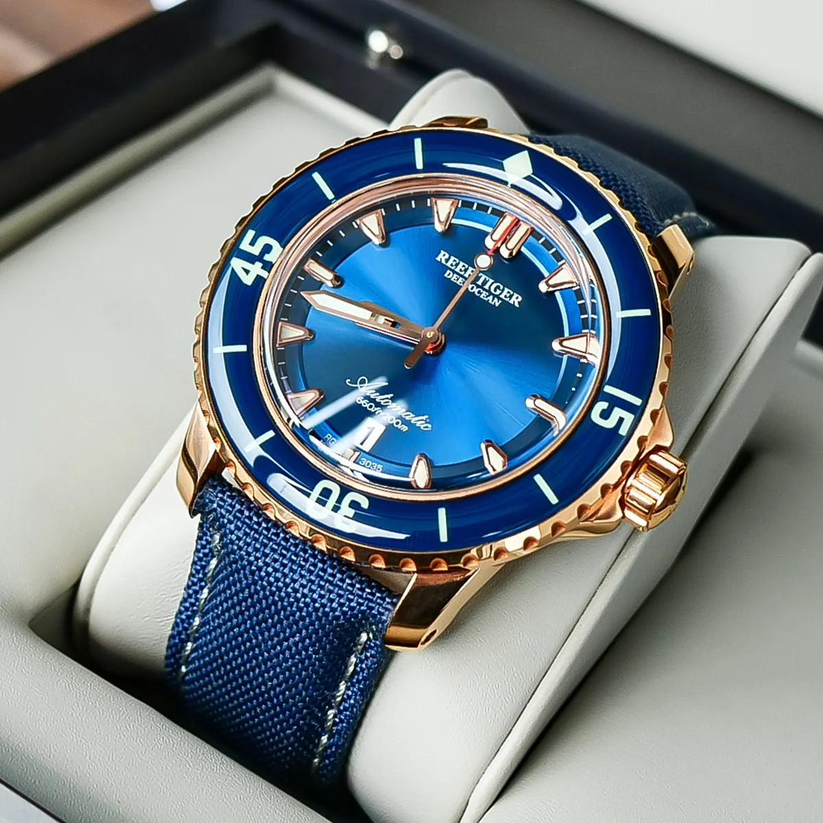 

Reef Tiger/RT Dive Watches for Men Rose Gold Blue Dial Super Luminous Watches Analog Automatic Watches reloj hombre RGA3035