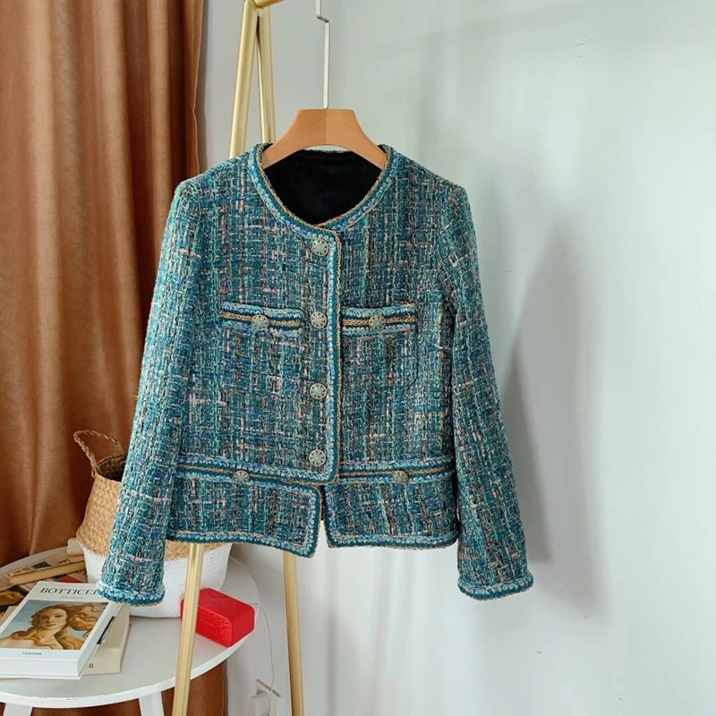 Brand fashion women's high-end luxury elegant Slim autumn winter green tweed short coat 
Brand fashion women's high-end luxury elegant Slim autumn winter green tweed short coat
