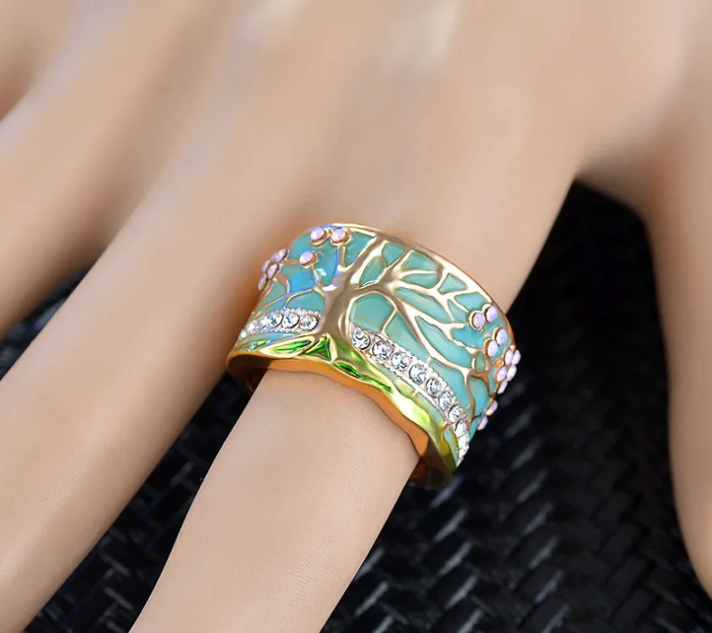 Горячая Лаки цветок дерево кольца модные цвета: золотистый розовый опал зелёная