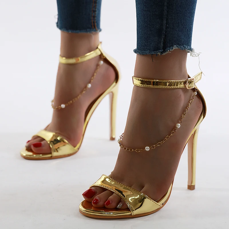 

2020 Summer Women's New Fashion Sexy Gold Silver High Heel Peep Toe Stiletto Sandals Chain Party Office Shoes