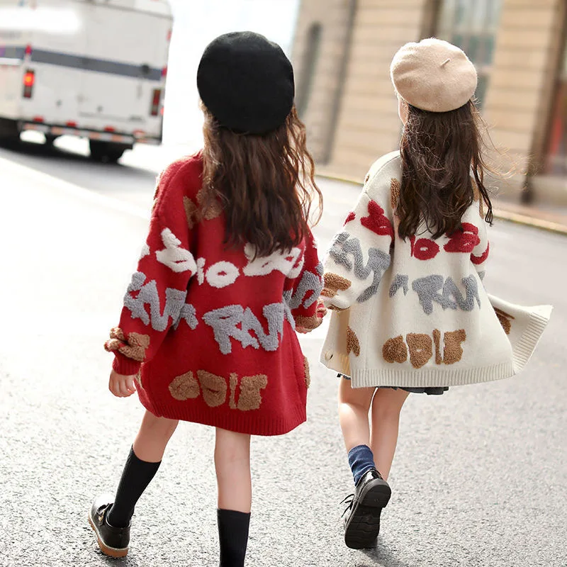 

Girls Clothing Knit Cardigan Sweaters Letters Embroidered Sweater Coats Loose Thicken Long Cardigan Knitwear Overcoat Print Kids