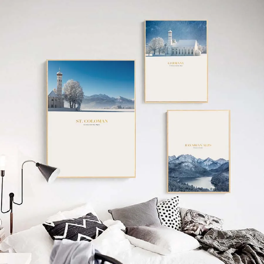 Winter Bavarian Alps View Printing Picture Church and Budapast Canvas Poster For Wall Bedroom Living Room Home Decor Nordic Art (4)