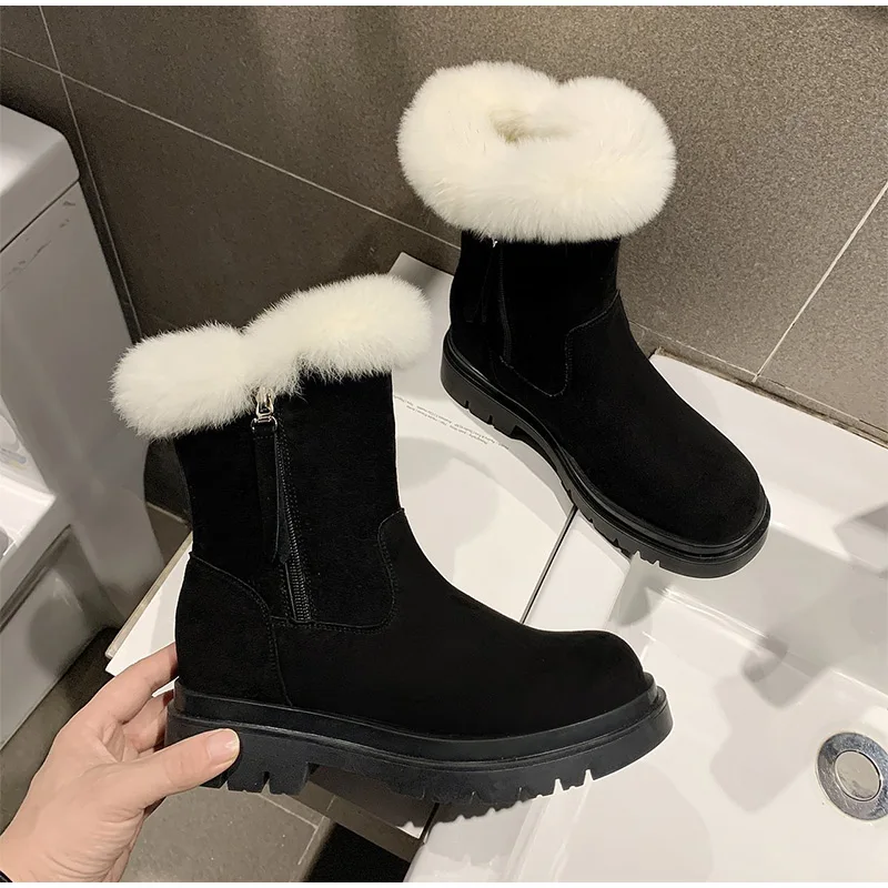 

Ankle Booties New Women Black Suede Warm Plush Medium Tube Boots Fluffy Furry Platform Side Zipper Ladies Outdoor Shoes Winter