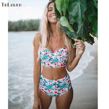 Sexy floral impressão de cintura alta maiô 2020 bikini push up banho feminino biquini vintage maillot de bain femme xxl(China)