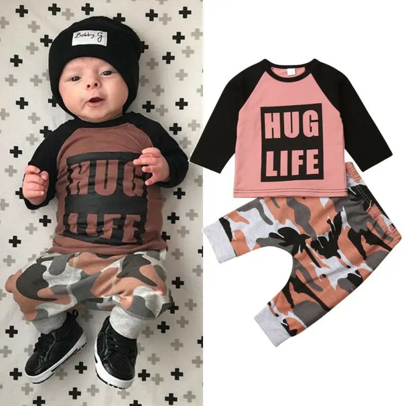Комплект осенней одежды для новорожденных мальчиков Модный Камуфляжный топ с