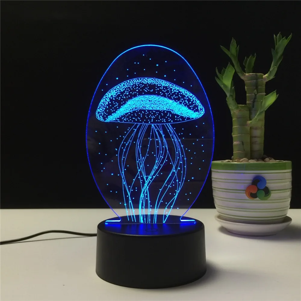 Фото Ночсветильник светодиодный прозрачный акриловый с изображением медуз 7 цветов |