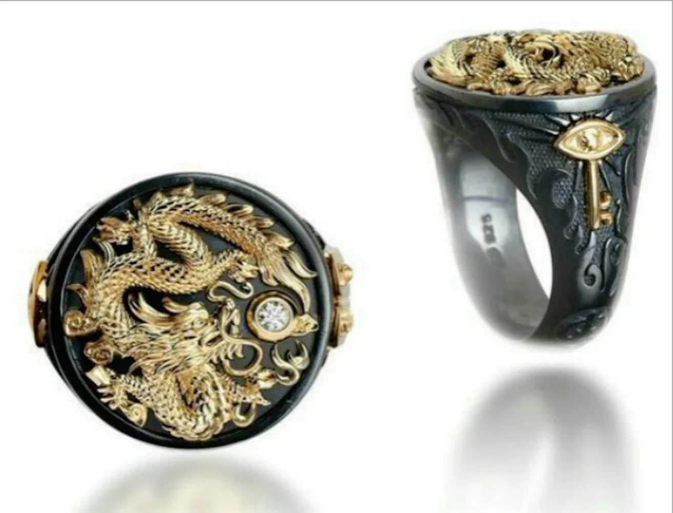 Fashion Two tone color Men's Black Ring Gold Color Dragon with Crystal Stone Ball Vintage Punk Finger Party Jewelry | Украшения и