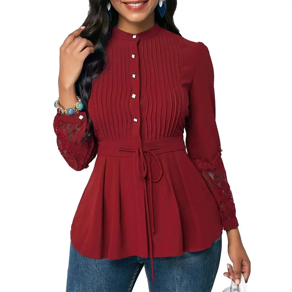Фото Office Lady Plus Size Stand Collar Lace Stitching Cuff Waist Drawstring Shirt(S-5XL) | Женская одежда