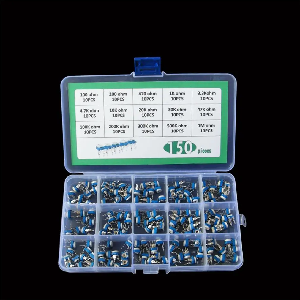 150pcs/set 100R-1M Trimming Potentiometer Variable Resistors Assorted Kit Electronic Diy Kit 15 Values Each 10pcs with box
150pcs/set 100R-1M Trimming Potentiometer Variable Resistors Assorted Kit Electronic Diy Kit 15 Values Each 10pcs with box