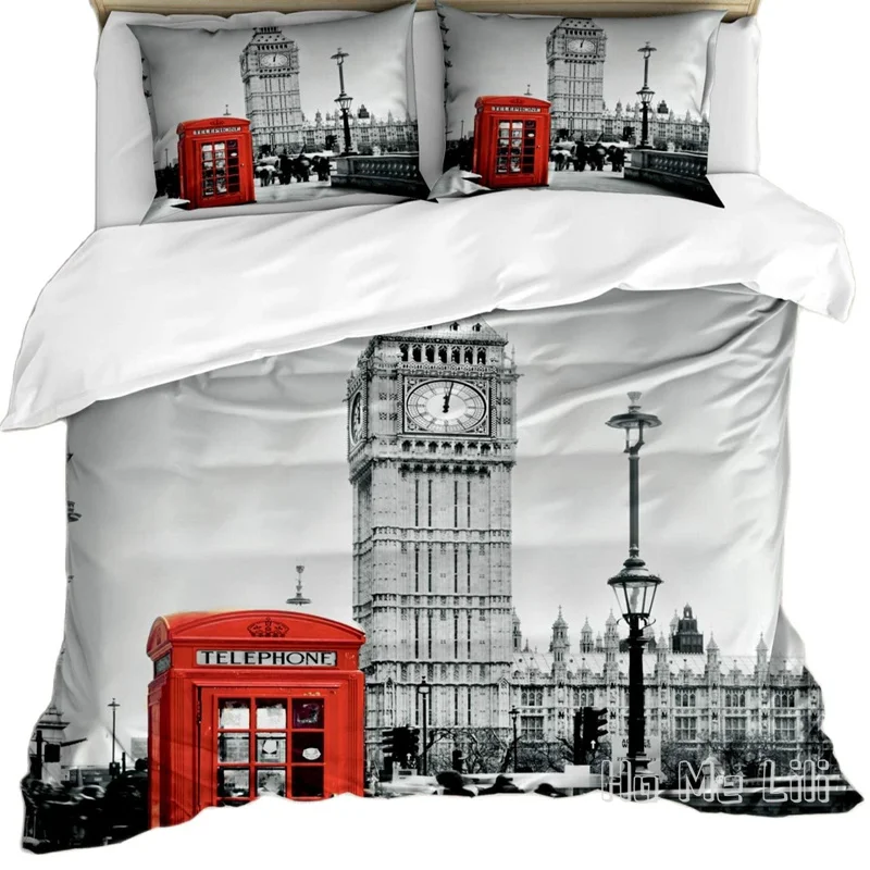 

London By Ho Me Lili Duvet Cover Set Famous Telephone Booth And The Big Ben In England Street View Of Town Retro Decor Bedding