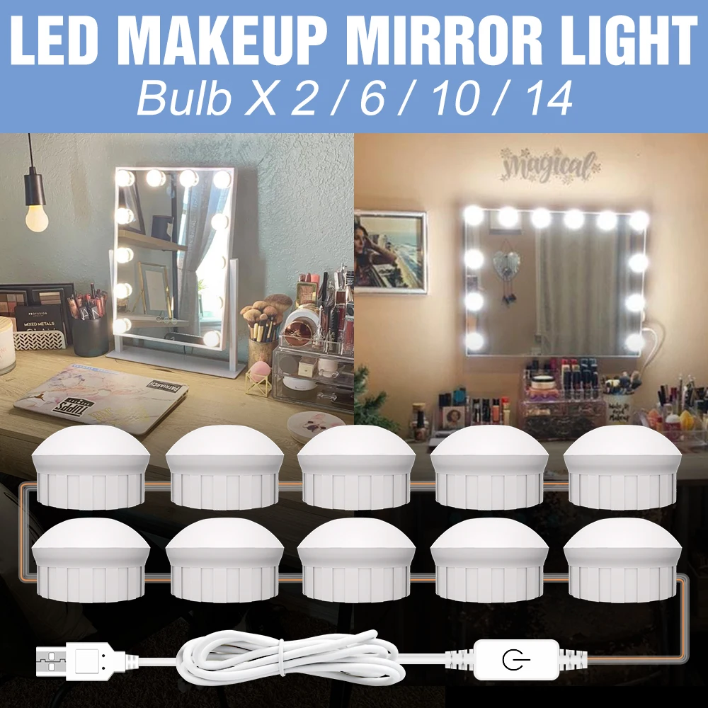 Hollywood Style Vanity Light USB Makeup Mirror Touch Dimming LED Lights DC 12V Dressing Table Lighting Bulb 2 6 10 14 Bulbs Kit
Hollywood Style Vanity Light USB Makeup Mirror Touch Dimming LED Lights DC 12V Dressing Table Lighting Bulb 2 6 10 14 Bulbs Kit