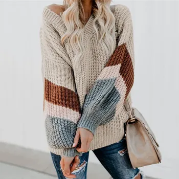 2019 Winter Loose Oversize Sweater Pullovers Women Color Block Striped Knitting Sweater Lantern Sleeve V Neck Jumpers
2019 Winter Loose Oversize Sweater Pullovers Women Color Block Striped Knitting Sweater Lantern Sleeve V Neck Jumpers