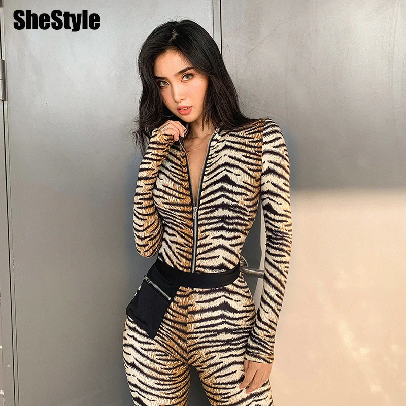 

Shestyle Zipper Mock Neck Tiger Print Jumpsuits Women Sexy Wild Push Up Workout Sporting Clothing Jumpsuit Winter Stretchy