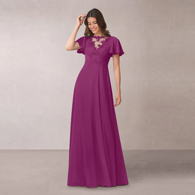 Elegant Orchid Full Length Lace Applique Short Sleeves Mother of the Groom Dresses Boat Neck Wedding Party Gowns Back Out
Elegant Orchid Full Length Lace Applique Short Sleeves Mother of the Groom Dresses Boat Neck Wedding Party Gowns Back Out