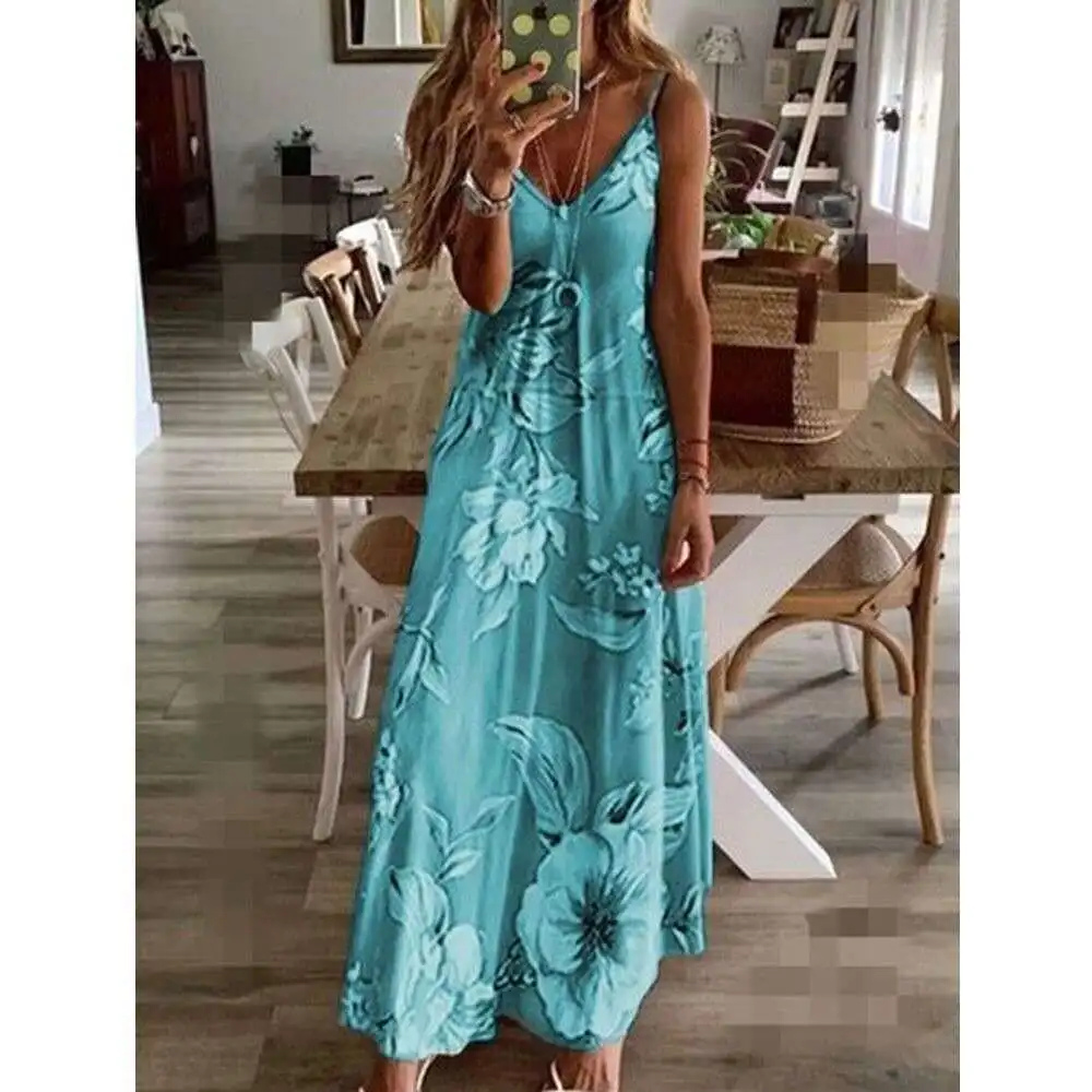 Sexy Maxi Dresses For Women Boho Print V-Neck Floral Sundresses Women Sleeveless Plus Size Dresses For Women 4xl 5xl Summer 2020