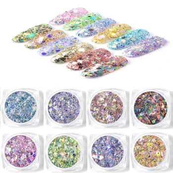 

12 Jars/set Laser Holographic Paillette Hexagon Sequins Nail Glitter Flakes For Nail Art Colorful Mix Powder Sequins Pigment PT5