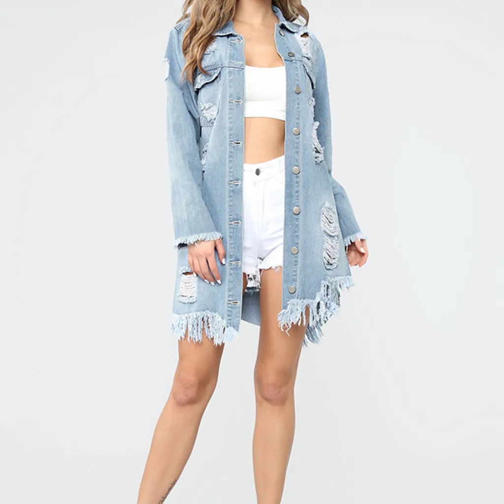 women's denim jacket Fashion Ripped Long Denim Coat Ladies Casual Tearing Style Button Jacket Overcoat jeans bomber jacket
women's denim jacket Fashion Ripped Long Denim Coat Ladies Casual Tearing Style Button Jacket Overcoat jeans bomber jacket