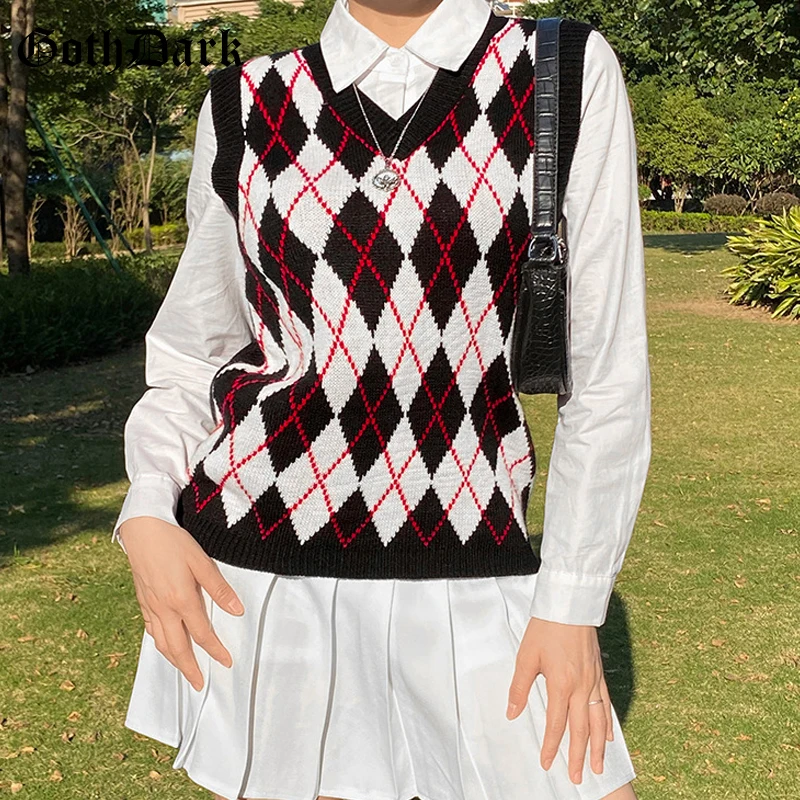 Goth Dark Hot Argyle Printed Gothic Waistcoat E-Girl Loose Sleeveless V-Neck Sweater Pullovers Women Autumn Fashion Knitted Tops
Goth Dark Hot Argyle Printed Gothic Waistcoat E-Girl Loose Sleeveless V-Neck Sweater Pullovers Women Autumn Fashion Knitted Tops