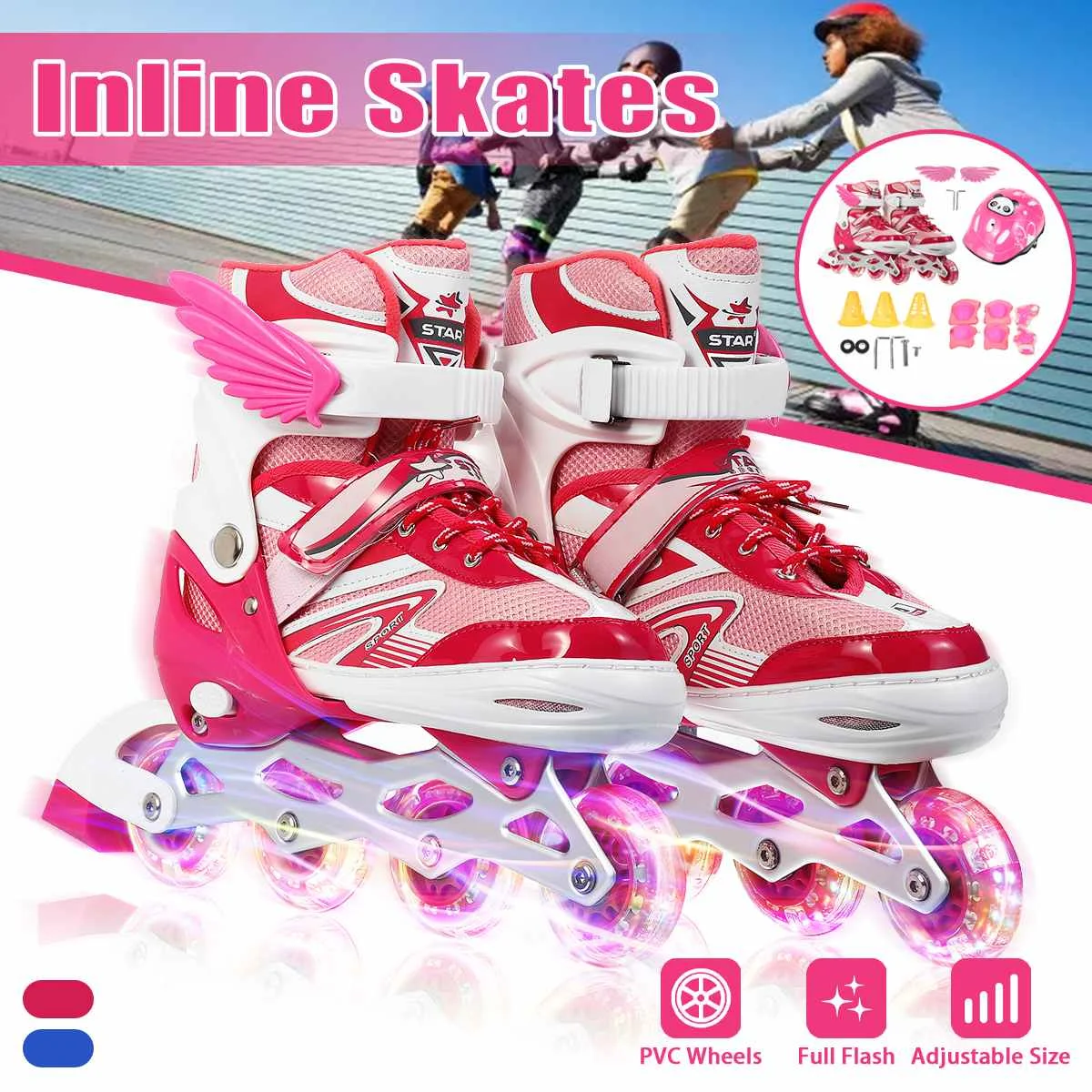 Generic Adjustable Size Children Roller Skates 4 Wheels Flashing Roller