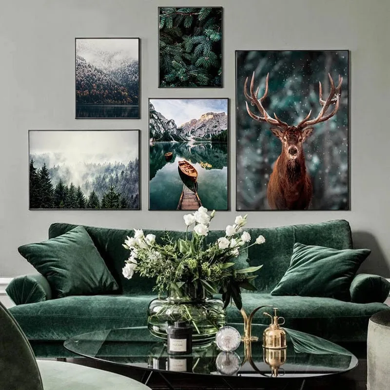 

Nordic Fog Forest Deer Animal Canvas Painting Mountain Lake Landscape Posters and Prints Nature Wall Art Picture Home Decor