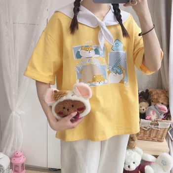 Soft Girl Yellow Cartoon Lace-up Sailor Collar Short Sleeve T-shirt Tee Tops Kawaii Korean Girl Summer T shirt Pullover Student
Soft Girl Yellow Cartoon Lace-up Sailor Collar Short Sleeve T-shirt Tee Tops Kawaii Korean Girl Summer T shirt Pullover Student
