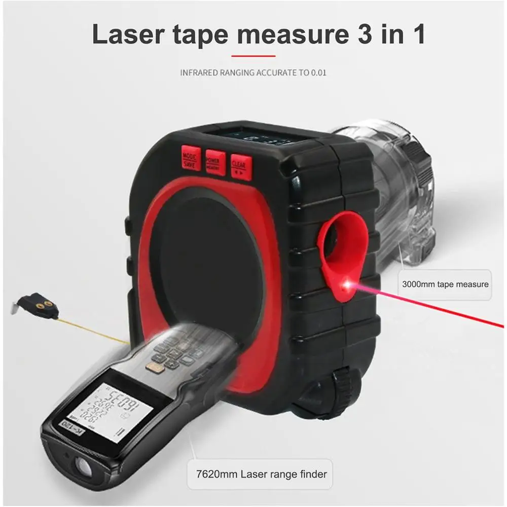 

3-in-1 Digital Multi-Function Measure Tape Infrared Laser Distance Meter Measuring Tool Range Finder Roll Cord Mode Gauge Tool