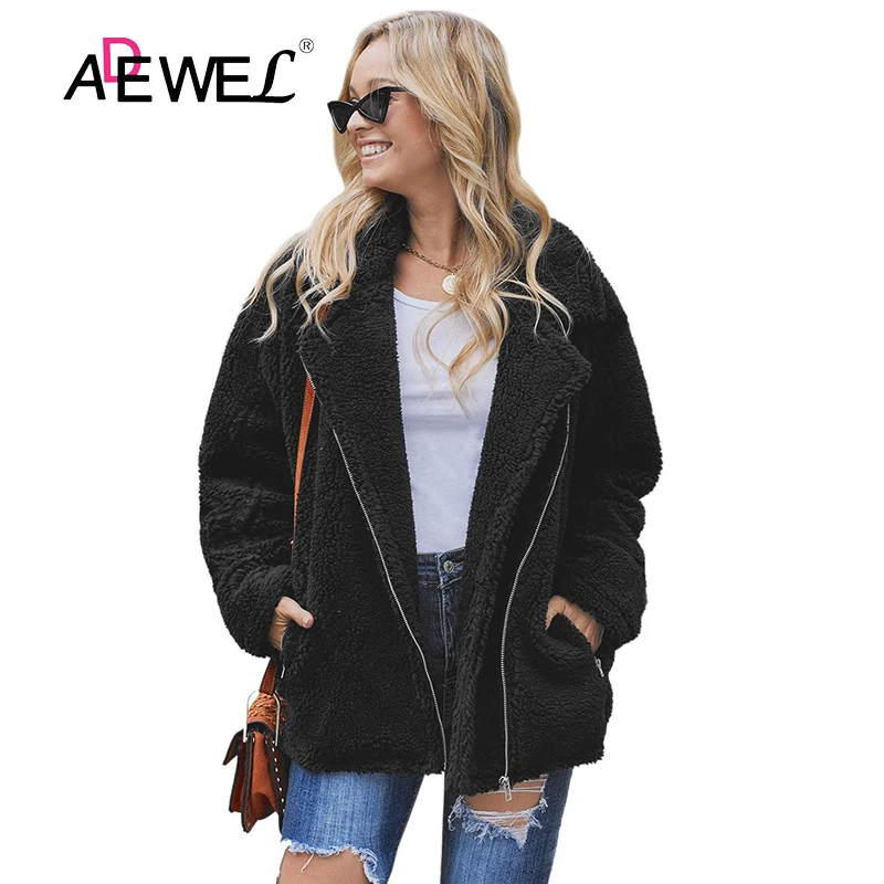 

ADEWEL Woman Black Breaker Pocketed Sherpa Statement Jaqueta Bomber Plush Coat Plus Size Zipper Polyester Okrycia Wierzchnie XXL