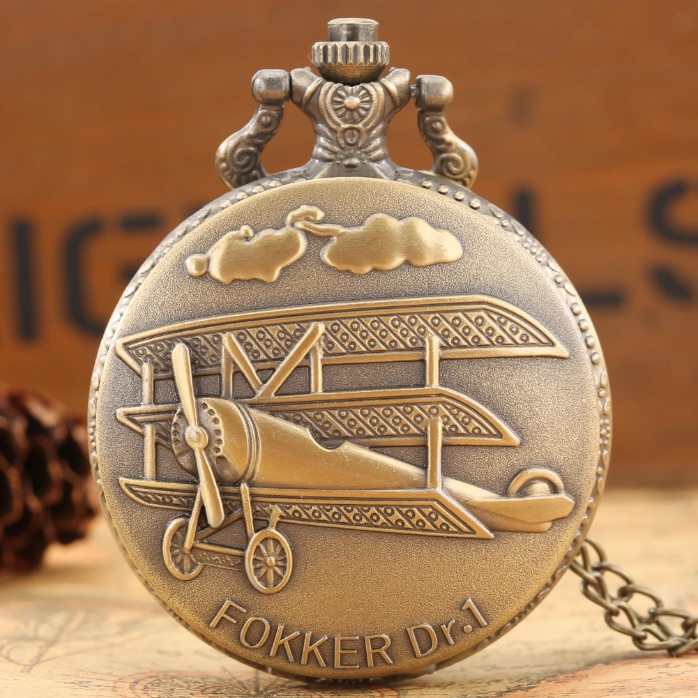 

Bronze FOKKER DR.1 World War II Aircraft Quartz Pocket Watch Retro Steampunk Necklace Chain Watch Men Women Pendant Antique Gift