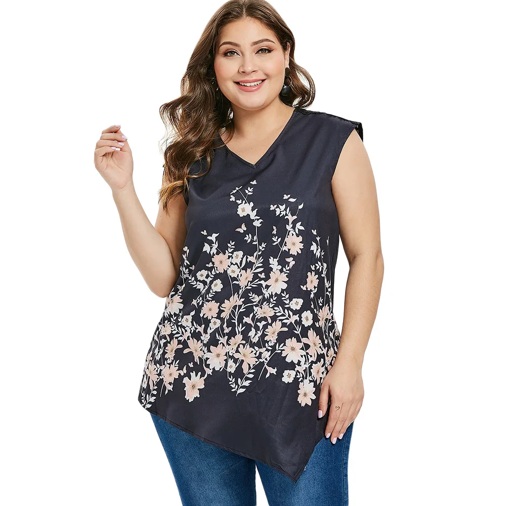 

Rosegal Plus Size Tank Top Women Summer Long Tunic Vest Top Female T-Shirt Floral Print Casual Asymmetric Loose Lace Tank Tops