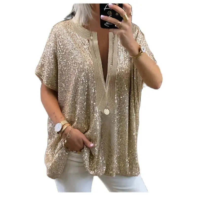 

2022 Summer Women t shirt Blouse Sequins V neck Short Sleeve Casual t Shirts Women Loose Pullover Club Party Bousa Women Tops