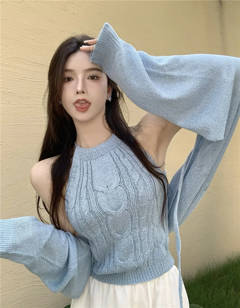 Light Blue Sun Protection Knit Cardigan Autumn Outer Short Small Shirt Pure Desire Halter Spaghetti Straps Two-piece Set |