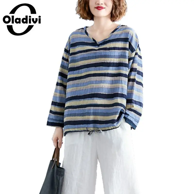 Oladivi Big Plus Size Women Fashion Print Striped Cotton Linen Blouses Spring Autumn Casual Loose Short Top Shirts Female Blusas 
Oladivi Big Plus Size Women Fashion Print Striped Cotton Linen Blouses Spring Autumn Casual Loose Short Top Shirts Female Blusas