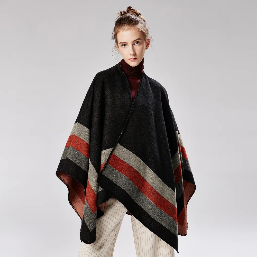 Плотная накидка-пончо на осень и зиму Женская полосатая шаль для путешествий