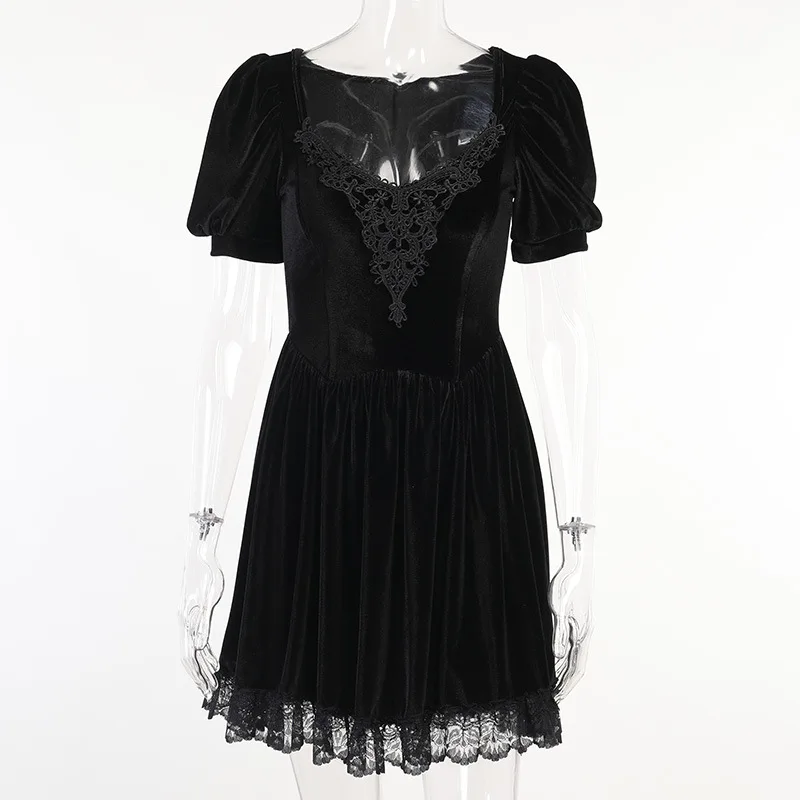 Gothic Black Women Elegant Pleated Dress Summer Lady Lace V Neck Puff Short Sleeve Velvet Dresses Embroidery Empire Vestidos Gothic Black Women Elegant Pleated Dress Summer Lady Lace V Neck Puff Short Sleeve Velvet Dresses Embroidery Empire Vestidos