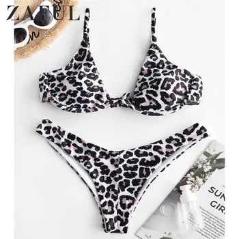 

ZAFUL Leopard Underwire Cami Bikini Swimwear Women Animal Print Co Ord Set Spaghetti Straps Two Pieces Swimsuit Sexy Swimsuit