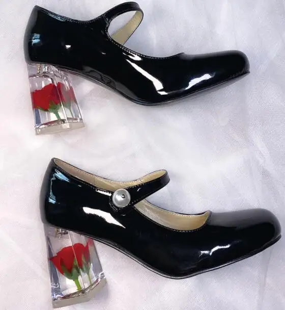

Moraima Snc Vintage Round Toe High Heel Shoe Black Patent Leather Rose Flower Thick Heels Mary Janes Ankle Strap Pumps