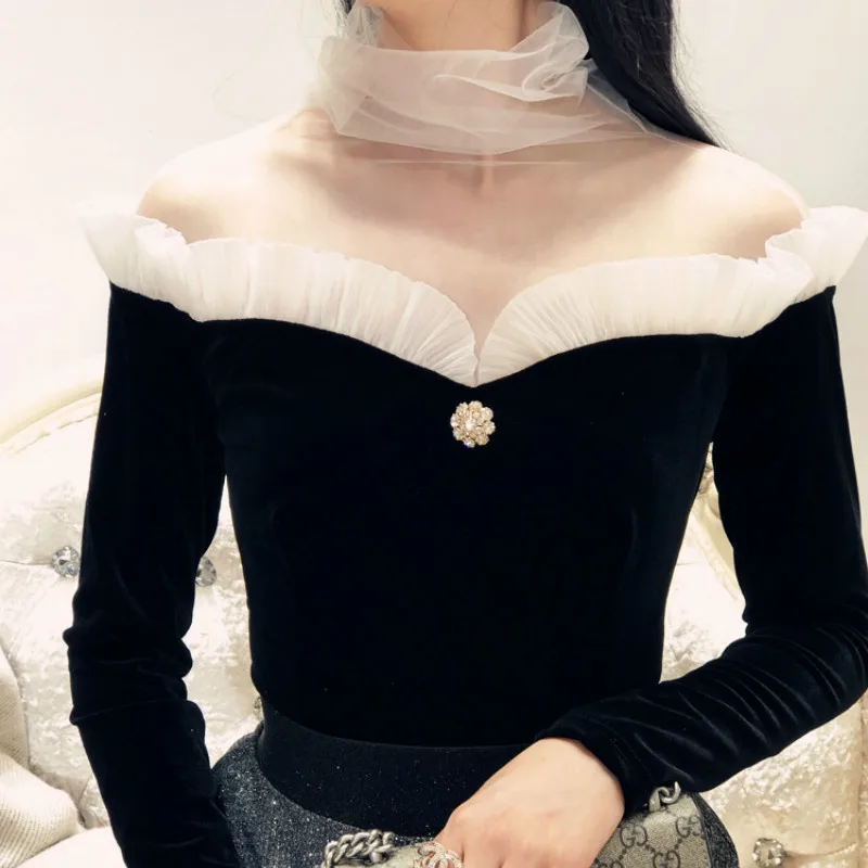 Прозрачная велюровая женская рубашка с воротником-стойкой Женские топы и блузки