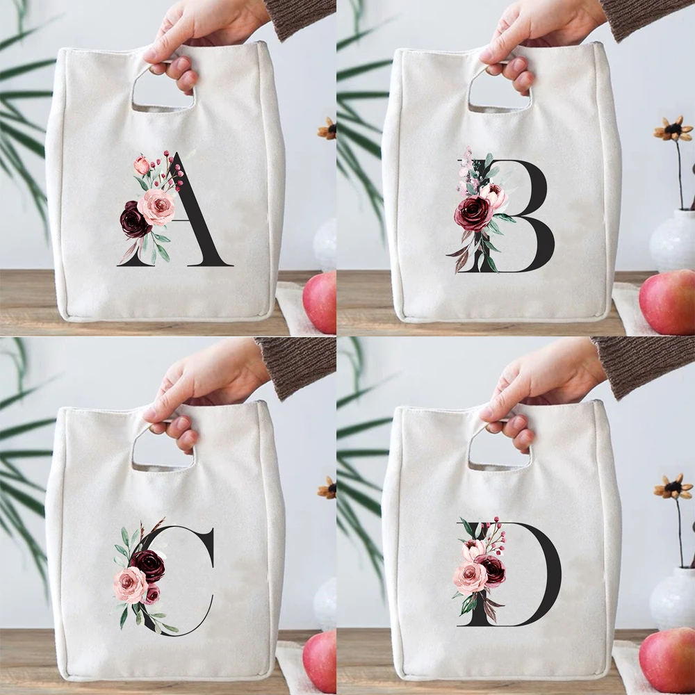 

Floral Alphabet Lunch Bag Causal Women Thermal Box Canvas Reusable Functional Cooler Pouch Travel Portable Foldable Picnic Box