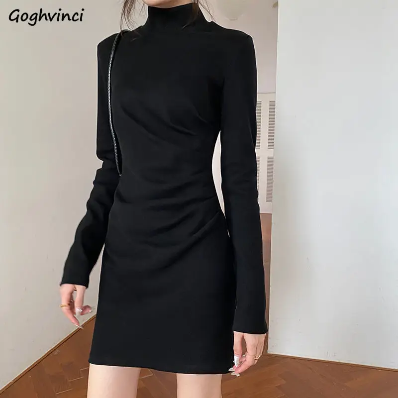 

Long Sleeve Dress Women Turtleneck Pleated Mini Dresses Slim Stretchy Solid Simple Fashion All-match Winter Fall Elegant Casual