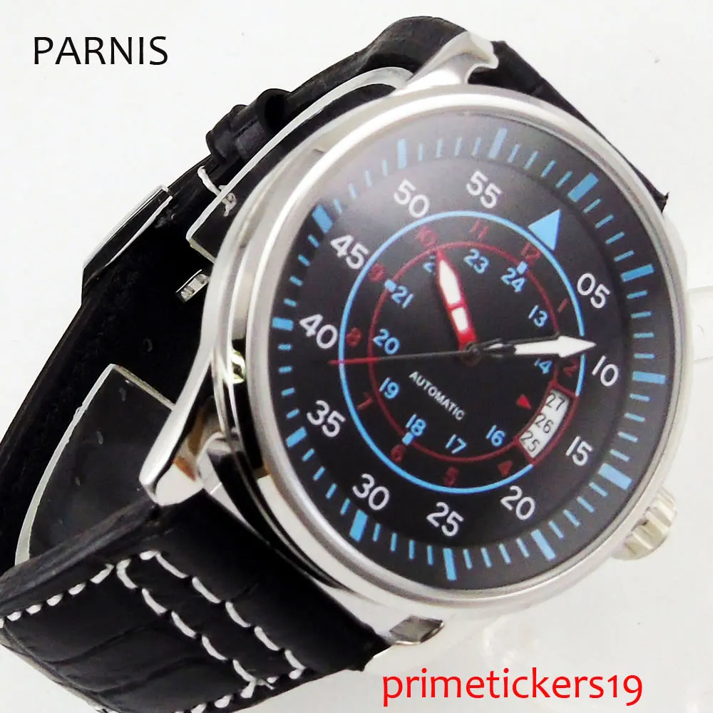 

24 hours 44mm PARNIS self winding wristwatch silver/PVD coated case date leather strap