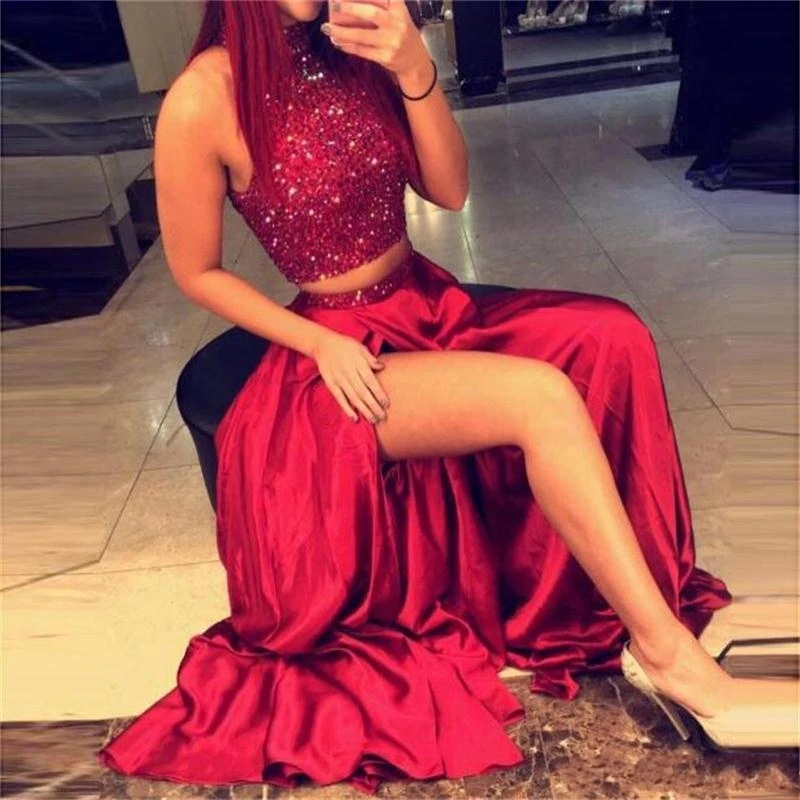 Shinning Two Pieces Prom Dresses High Neck Beading Dark Red Hollow Back Side Split Evening Gowns Long Formal Cocktail Party
Shinning Two Pieces Prom Dresses High Neck Beading Dark Red Hollow Back Side Split Evening Gowns Long Formal Cocktail Party