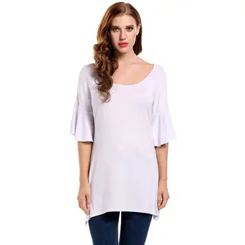 Women White tshirts Summer Tops Casual O-Neck Half Flare Sleeve Solid A-Line Asymmetrical Hem Elastic Pullover T-Shirt
Women White tshirts Summer Tops Casual O-Neck Half Flare Sleeve Solid A-Line Asymmetrical Hem Elastic Pullover T-Shirt