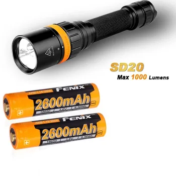 FENIX SD20 Diving Flashlight LED max 1000 lumen underwater 100 meters waterproof dive torch with 2 x ARB-L18-2600 battery
FENIX SD20 Diving Flashlight LED max 1000 lumen underwater 100 meters waterproof dive torch with 2 x ARB-L18-2600 battery
