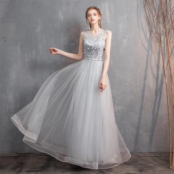 Women's long wedding party dress O neck tulle A line formal prom evening party dress ceremony graduation bridesmaid dress 
Women's long wedding party dress O neck tulle A line formal prom evening party dress ceremony graduation bridesmaid dress